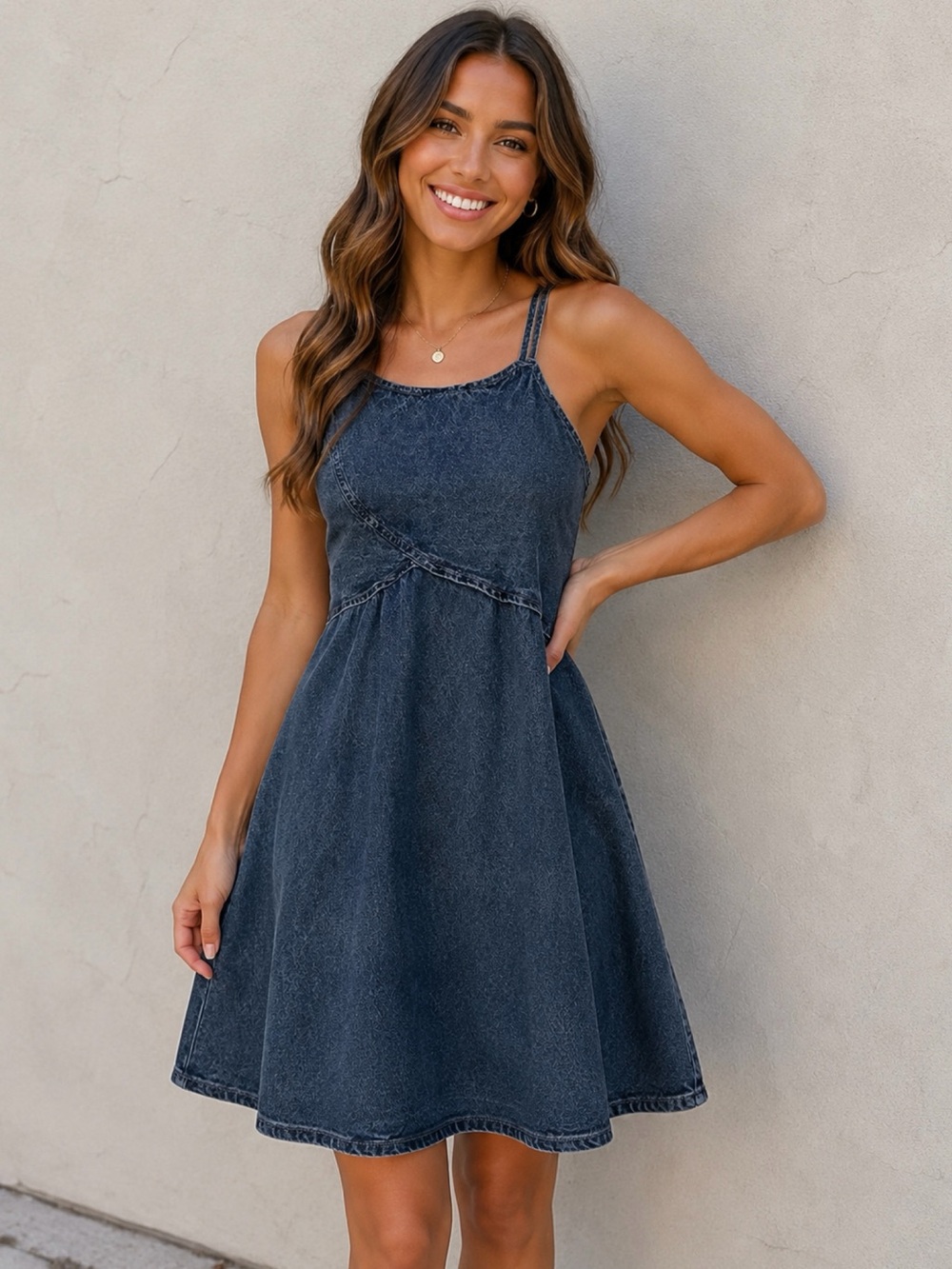 Cato Lightweight Chambray Overlay Strappy Halter Dress - Size Medium